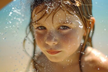 Young girl splashing water on face at ocean's edge, refreshing and rejuvenating in the summer sun