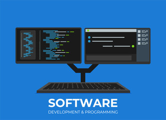 Software development and programming, program code on laptop screen, big data processing, computing isometric