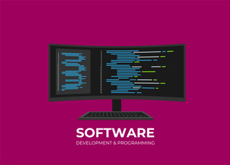 Software development and programming, program code on laptop screen, big data processing, computing isometric