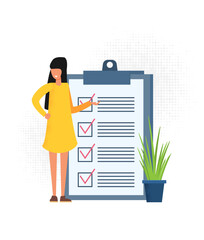Positive business man with a giant pencil on his shoulder nearby marked checklist on a clipboard paper.  Illustration flat design style