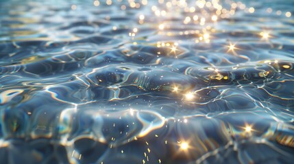 Close-up of transparent water surface with ripples and reflections, featuring silver veins. The...