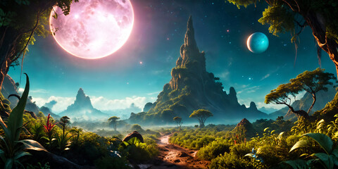 Jungle Exoplanet with a moon low in the sky. Alien World.