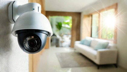 Close-up of a CCTV modern security camera in a living room, using for recording and monitoring the criminals scene. Generative Ai. - obrazy, fototapety, plakaty