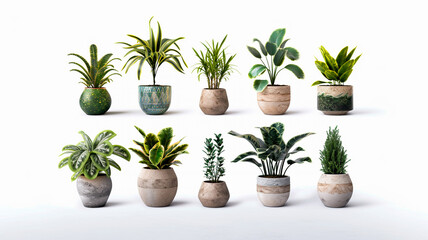 Collection of various houseplants displayed in ceramic pots isolated on white background.