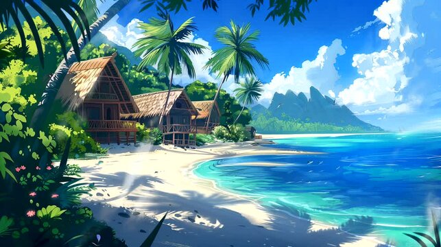 Island paradise with palm-fringed beaches. Fantasy landscape anime or cartoon style, looping 4k video animation background
