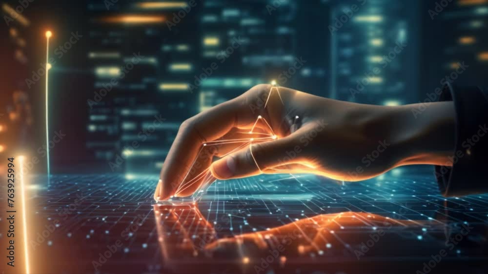 Poster Digital touch with scattered light elements reminiscent of technological or scientific concepts.