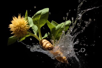 Sunchoke (Jerusalem artichoke) , Throw it into the water and spread it out , vegetable , black background.
