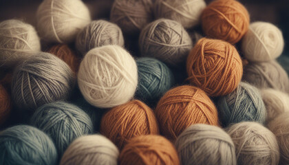 Vintage toned picture of wool yarn balls, craft natural colored knitting hobby backgrounds - obrazy, fototapety, plakaty