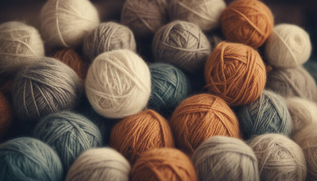 Vintage toned picture of wool yarn balls, craft natural colored knitting hobby backgrounds
