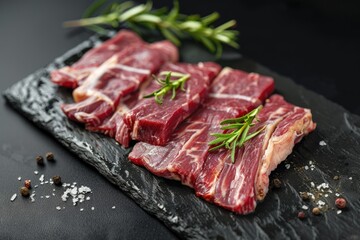 Beef cut into meat strips on top of a black stone plate in a modern house with green leaves during sunshine in the morning
