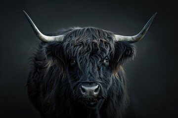 big black muscular highland cow with huge white horns and long hair isolated on a dark black background