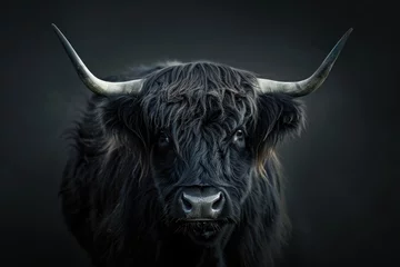 Photo sur Plexiglas Highlander écossais big black muscular highland cow with huge white horns and long hair isolated on a dark black background