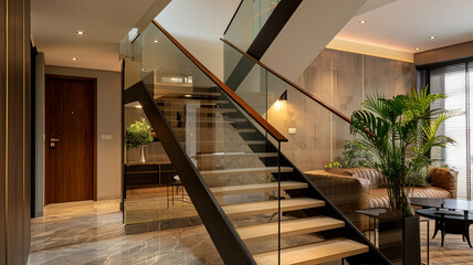 Open staircase design in the hall featuring a modern and sleek aesthetic.