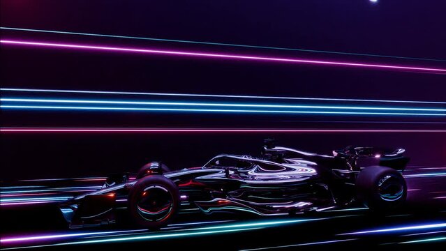 abstract modern formula 1 race car in high speed tunnel, glowing neon lights background, copy space, 4k seamless loop