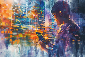 Trader examines financial graphs on a smartphone amidst abstract digital charts and glowing city lights - obrazy, fototapety, plakaty
