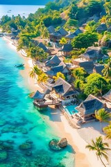 Tranquil aerial view of maldives island beach with palm trees on white sandy shore