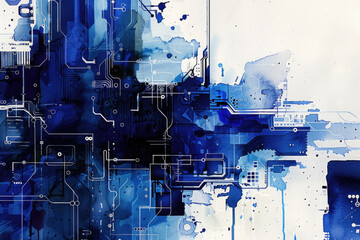 A painting featuring abstract blue and white shapes, lines, and dots creating a dynamic composition with a modern aesthetic