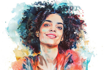 Painting of woman with curly hair, capturing her features and unique hairstyle in detailed manner