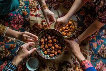 closeup photo of people gathered around a traditional arabic mat while sharing brown and black dates with their hands during sunshine in the morning outside their houses in a garden