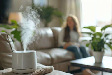 Humidifier with steam stay on coffee table in living room, behind out of focus sitting on coach woman, minimalism, modern interior, copy space. Concept aromatherapy and relaxing. Air freshener.  - obrazy, fototapety, plakaty