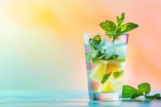 trendy modern glass of mojito alcohol with a pastel backdrop. Generative AI