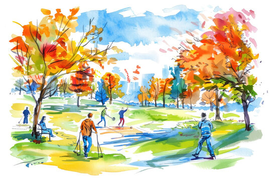 Vibrant watercolor painting depicting several individuals casually walking along the pathways of a lush green park filled with trees and benches