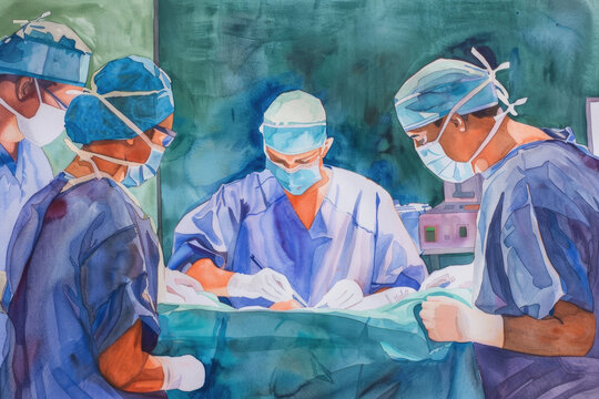A painting depicting a team of doctors performing a surgical procedure in an operating room