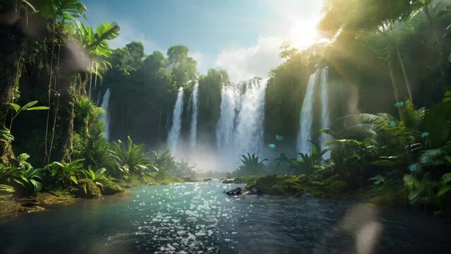 Misty waterfall in the Amazon rainforest: Vibrant sunlight illuminates the river landscape, 3D rendering, video HD 