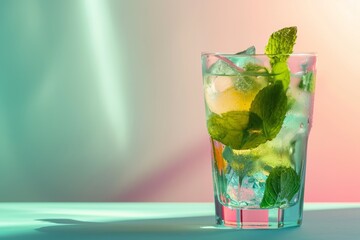 trendy modern glass of mojito alcohol with a pastel backdrop. Generative AI