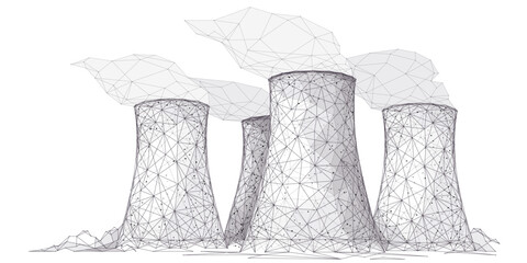 Nuclear power plant sketch. Isolated abstract polygonal nuclear reactor. Polluting energy. Industry concept. Plant, station, or factory in modern low poly wireframe style. Vector illustration.