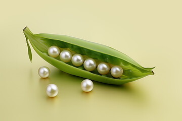 Pearls in pea pod isolated on pastel green background. Creative idea of unexpected value, surprise feeling, positive emotion, agriculture yields, gardening. Jewellery concept.