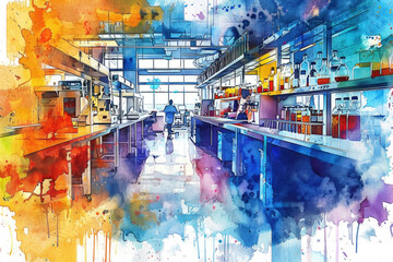 A detailed watercolor painting depicting a man in a lab coat performing experiments in a scientific laboratory setting