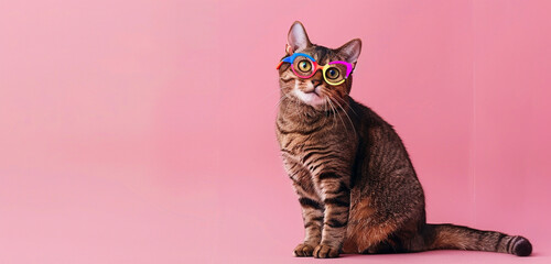 A stylish brown cat wearing vibrant frame glasses, sitting regally against a blush pink background, its colorful accessories reflecting its unique personality