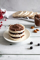 Rice cakes, healthy food.
on a wooden background. Breakfast