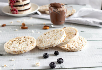 Rice cakes, healthy food.
on a wooden background. Breakfast