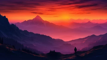 Zelfklevend Fotobehang A lone adventurer is silhouetted against a breathtaking mountainous backdrop bathed in the hues of a tranquil sunset. © Zhanna