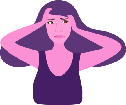 Woman suffering from migraine. touching head, painful area. Headache, emotional stress, depression vector illustration