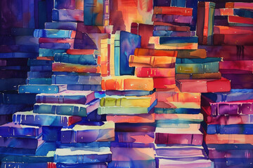 A painting depicting a stack of books placed on top of each other, showcasing the beauty of literature and knowledge - obrazy, fototapety, plakaty