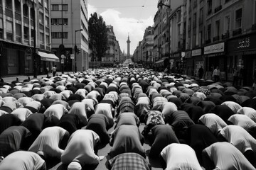 black image of hundreds of muslims bowing down in prayer on the street facing allah the only god...