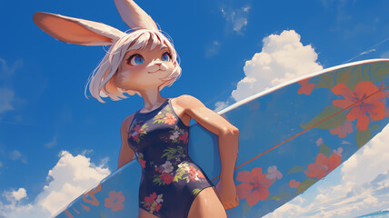 Rabbit in a floral swimsuit holding a surfboard, sandy beach background, low-angle view, inspirational.