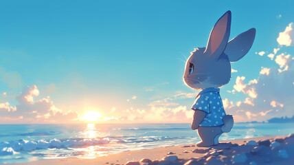 Rabbit in a polka dot swimsuit on a sandy beach, sunrise lighting, candid shot, cheerful mood.