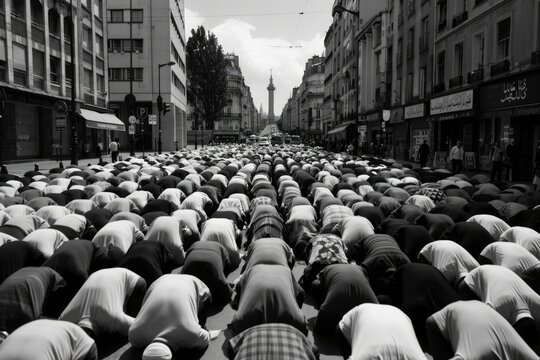 black image of hundreds of muslims bowing down in prayer on the street facing allah the only god for open air prayers at paris mosque in the night