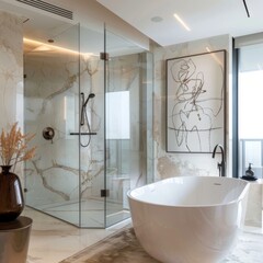 A sophisticated interior design showcasing a modern bathroom with an elegant bathtub, marble walls, and a striking piece of abstract wall art.