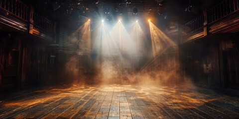 Free stage with lights and smoke, Empty stage with white orange yellow spotlights withwooden floor ,conser, show, party, Presentation, white spotlight strike on black background, vintage retro stage