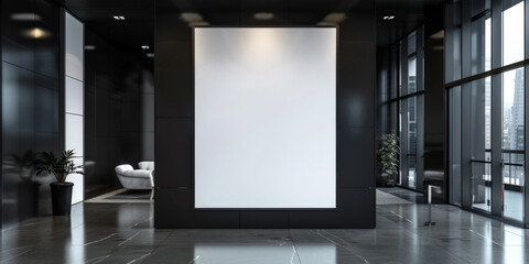 White blank poster mockup in the entrance of a modern building, for advertising, mockup presentations, announcements, promotions, and digital marketing.	
