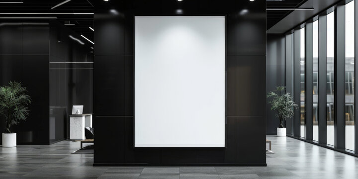 White blank poster mockup in the entrance of a modern building, for advertising, mockup presentations, announcements, promotions, and digital marketing.	
