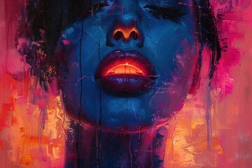 Fototapeta premium A painting depicting a womans face with a vivid red light emanating from it. The womans features are detailed and realistic, with the red light adding a dramatic and mysterious element to the portrait