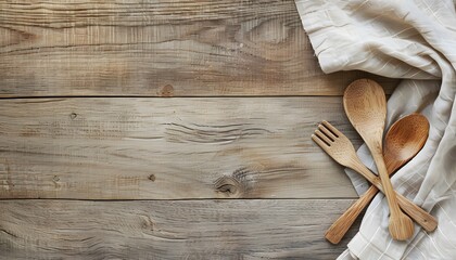 Wooden spoons and fork with a napkin on a wooden base. Banner with space for your text.