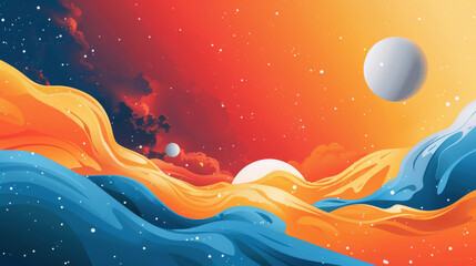 Vibrant and abstract illustration of outer space featuring whimsical interpretations of planets with a warm and cool color palette