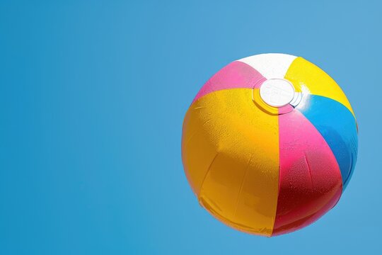 A colorful beach ball flying against a clear blue sky, capturing the playful essence of summer fun and outdoor activities. beach ball, colorful, blue sky, clear, flying, summer, fun, outdoor, play